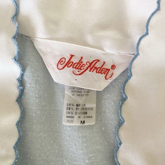 Vtg Jodie Arden Blue Satin Nightgown M Embroidered Floral Scallop Trim Long READ - Picture 6 of 12